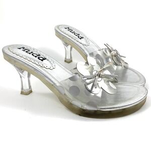VTG 90's MUDD clear plastic silver polka dot heeled sandals with large flower
